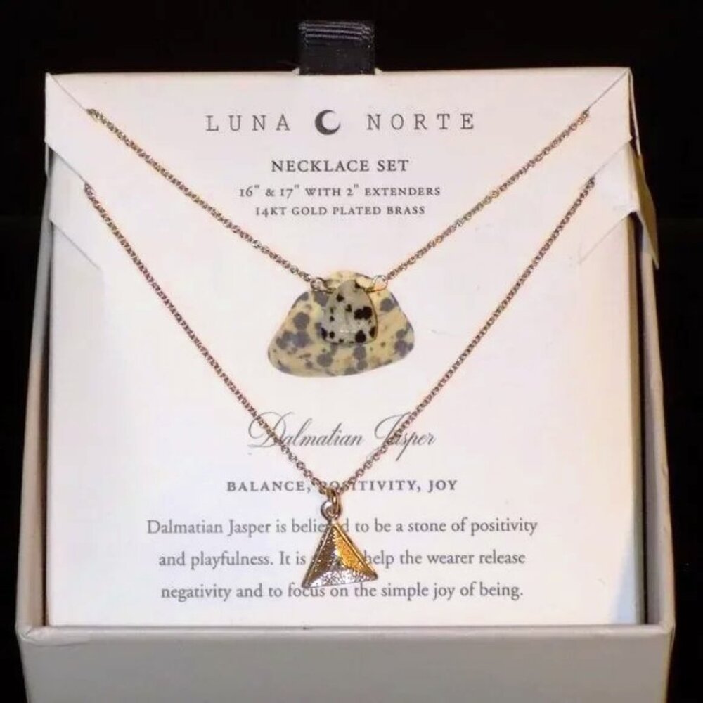 New Luna Norte 14K Gold Plated Necklace Set with Dalmatian Jasper Pendant